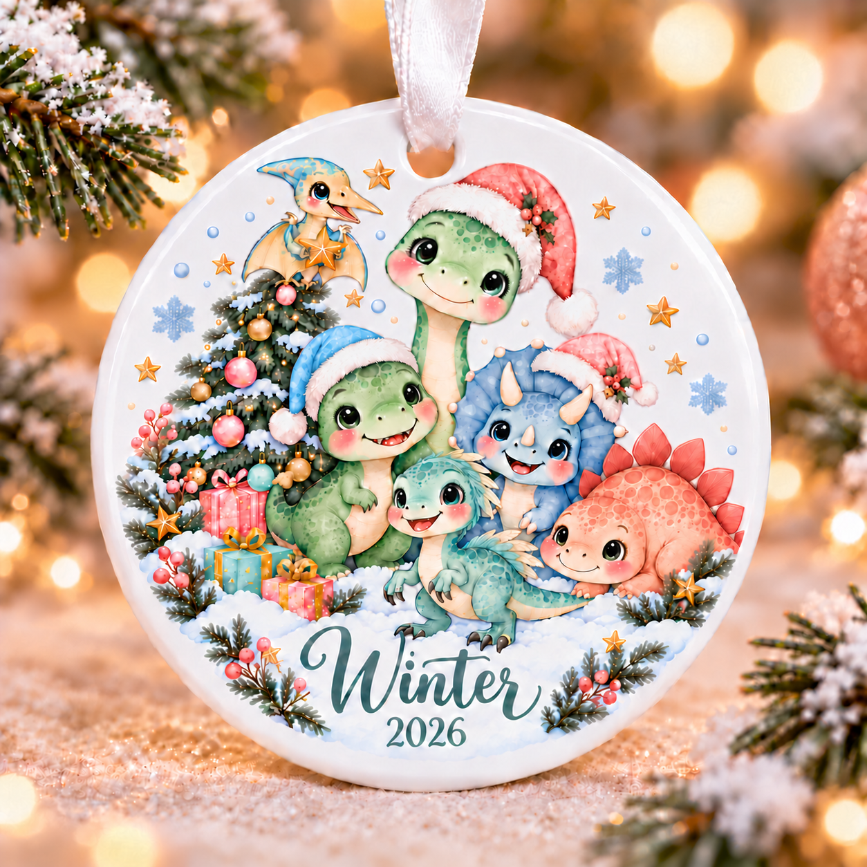 Personalized Dinosaur Christmas Ornament, Baby Dinosaur Name Ornament, White Ceramic or Acrylic, Kids Christmas Keepsake