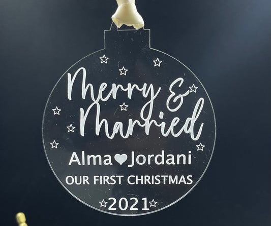 Our First Christmas Ornament | Just Married Christmas ornament | Personalized acrylic ornament | Merry and Married Ornament