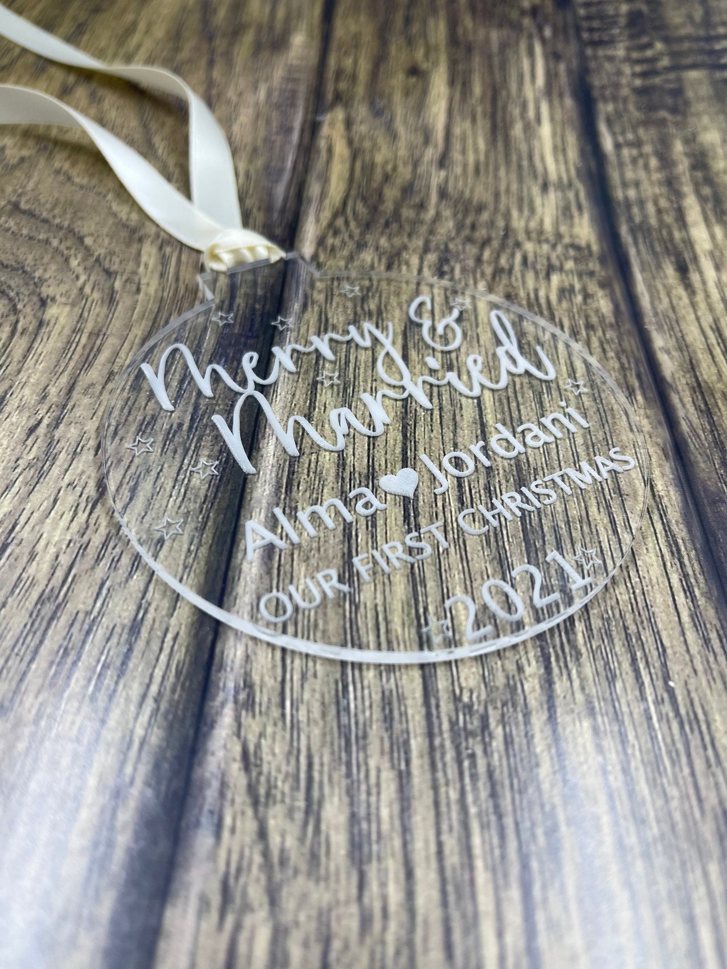 Our First Christmas Ornament | Just Married Christmas ornament | Personalized acrylic ornament | Merry and Married Ornament