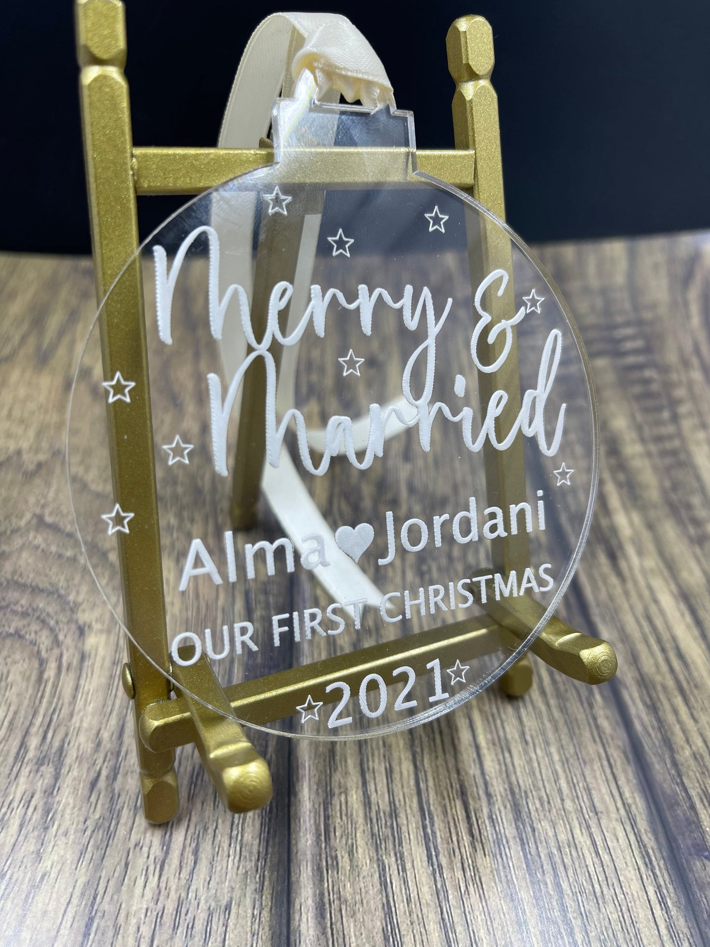 Our First Christmas Ornament | Just Married Christmas ornament | Personalized acrylic ornament | Merry and Married Ornament