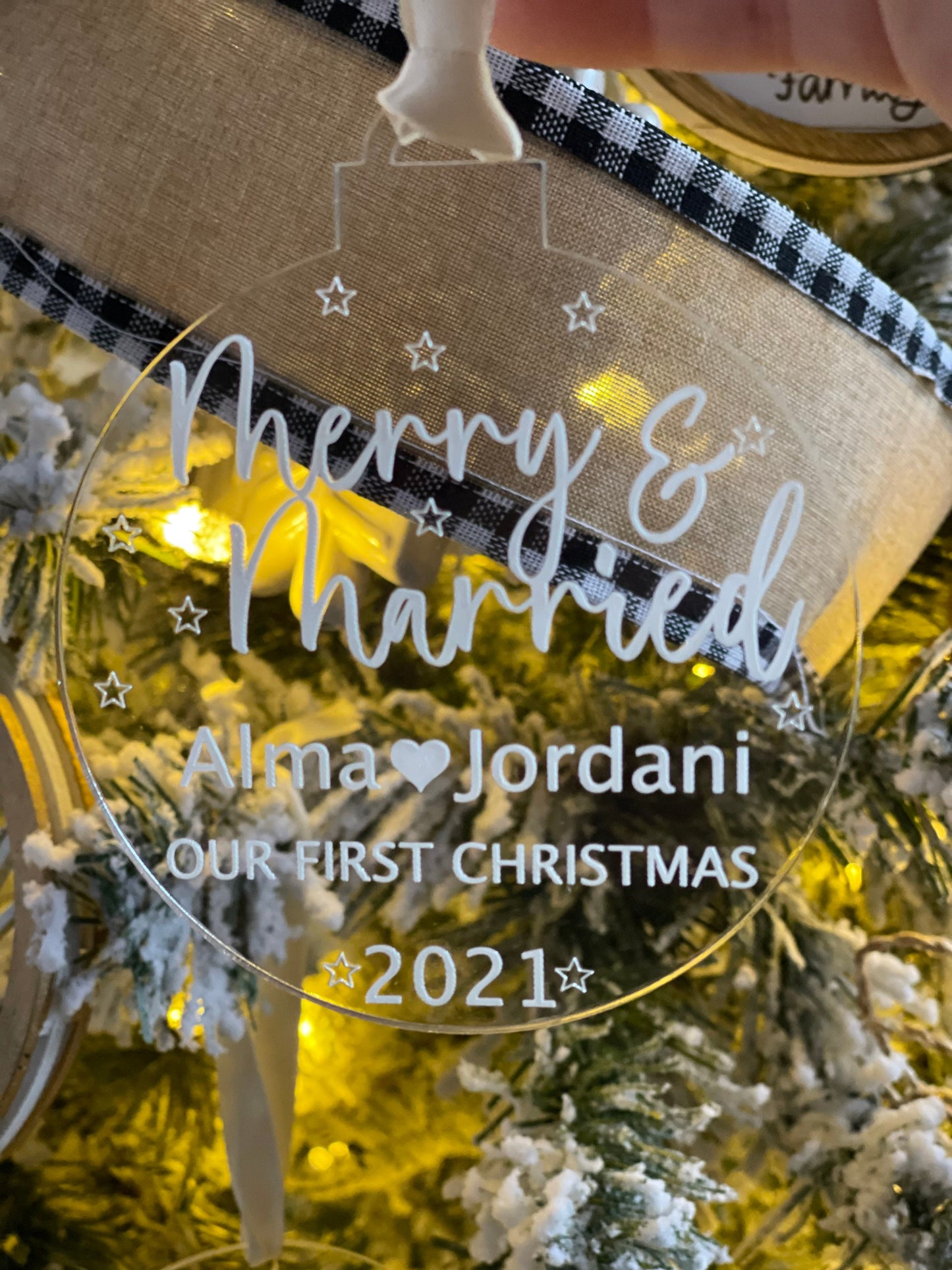 Our First Christmas Ornament | Just Married Christmas ornament | Personalized acrylic ornament | Merry and Married Ornament