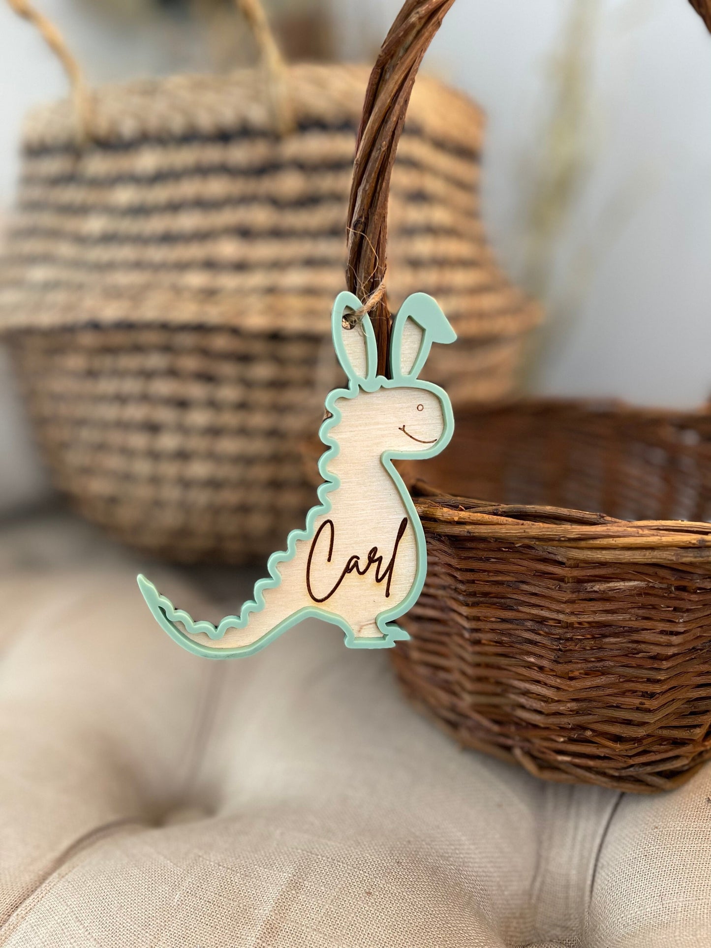 Dinosaur Easter Tag | Easter basket tag | Personalized Easter Bunny tag | Name Charm | Custom name tag | Wood Easter name tag| Trex tag