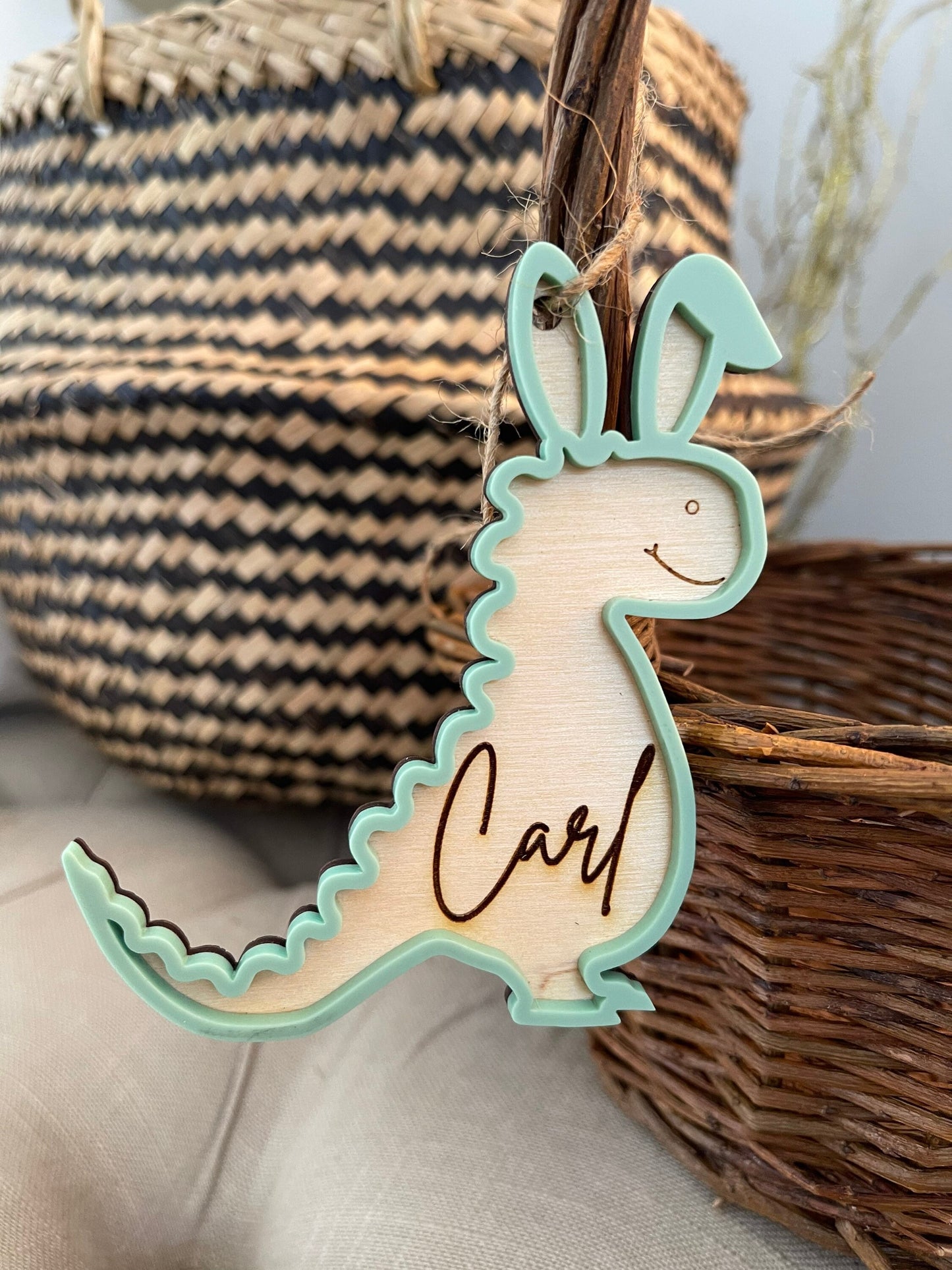 Dinosaur Easter Tag | Easter basket tag | Personalized Easter Bunny tag | Name Charm | Custom name tag | Wood Easter name tag| Trex tag