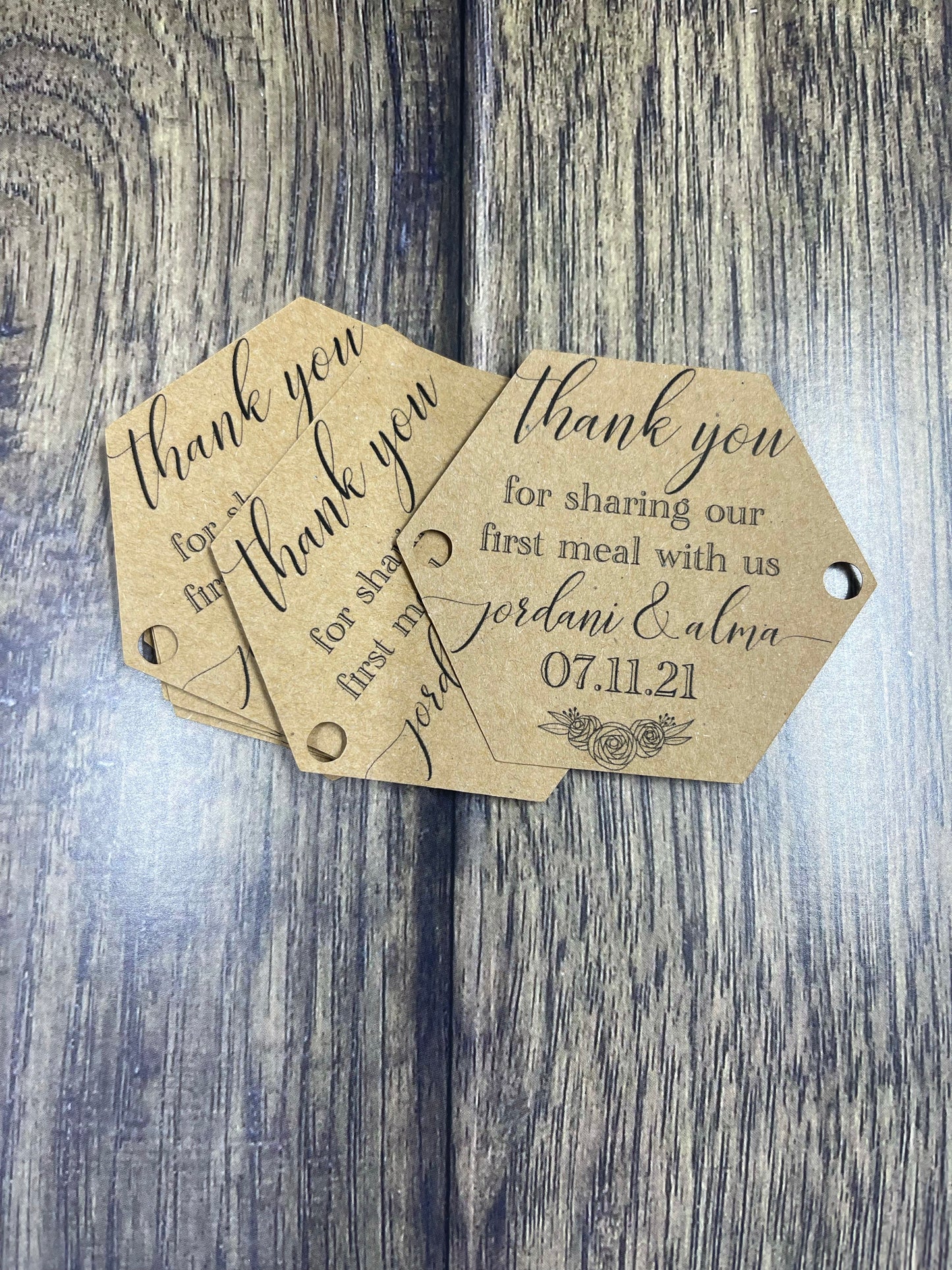 Wedding favor tag - Thank you for sharing our first meal with us tag - Wedding dinner tags - Qty 25