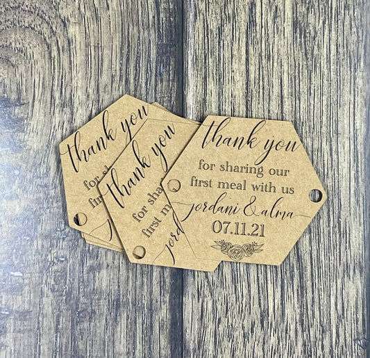 Wedding favor tag - Thank you for sharing our first meal with us tag - Wedding dinner tags - Qty 25